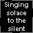 Black background with white pixelated text reading "Singing solace to the silent" next to a grayscale cracked moon image with "moon" text overlay.