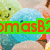 Pixelated cartoon character with green face and blue body, wearing orange clothing, with changing text overlays on a colorful background.