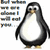 Pixelated penguin with black and white body, yellow beak and feet, standing upright in a static pose.
