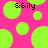 Bright pink background with scattered neon green circles of varying sizes, two instances of the text "&sily" in black pixelated font.