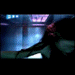 Animated sequence of a person with long dark hair wearing a black sleeveless top, performing expressive movements against a blue-lit background with purple accents.