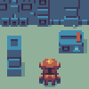 Pixel art of a blocky character with orange armor and yellow eyes standing in front of blue mechanical structures on a green background.