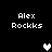 Pixelated text 'Alex Rockks' appears in four positions with two heart icons, one white and one gray, on a black background.