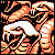 Pixelated static icon with orange and white shapes on black background, resembling abstract flames or a stylized creature.
