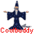 Animated contact sheet of a wizard character in six frames showing sequential arm movements, with red text "Coolbuddy" repeated below each frame on a transparent background.