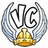 A circular icon with stylized 'VC' letters above a golden helmet, flanked by silver wings on white background.