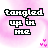Pixelated text 'tangled up in HC' on pink watercolor background with small pink hearts, animated changes to lettering and heart positions.