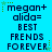 Pixelated text on a bright blue background with green star accents, repeating 'megan+alida= BEST FRENDS FOREVER' in dark blue letters.