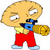 Pixelated cartoon character holding a golden object next to blue 3D text reading "FAMILY GUY" on white background.