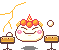 Pixel art animation of a smiling round character with pink cheeks and orange fruit-like decorations on its head, interacting with floating spheres and cake stands.