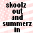 Pixelated black text on pink and white striped background with small white dots, reading "shoolz out and summerz in" arranged vertically.