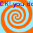 Four orange and light blue spiral patterns arranged in a with repeating blue text above and below