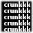 A black and white pixelated of repeated 'crunkkk' text in a layout with slight variations across four