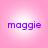 Four identical pixelated text icons arranged in a on a pink gradient background, each displaying 'maggie' in purple lowercase letters
