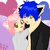 Pixelated anime-style icon shows two characters with animal ears embracing, one with blue hair and black clothing, the other with pink hair and gray clothing, against a purple background with a pink heart.