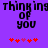 Purple background with black pixelated text reading 'thinking of you' and red heart symbols below, showing animation changes in heart positions.