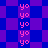 Pixelated pattern of pink 'yo' text repeated vertically on blue and purple checkered backgrounds with diamond shapes.