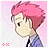 Pixelated anime-style icon of a character with pink hair, light skin, and a blue outfit against a pink gradient background with small pink squares.
