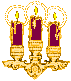 Three purple candles with golden bases and yellow flames, each candle dripping wax, set in a golden candelabra with ornate detailing against a gray background.