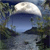 Pixelated landscape with a large white cloud above a blue sky, dark green foliage on both sides, and a reflective water surface below.