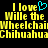 Yellow pixelated text on black background with cyan heart symbol, repeating 'I love Wille the Wheelchair Chihuahua' in multiple lines.