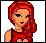 Pixel art of a red-haired woman in red attire with heart motifs, transitioning to animated hearts and text.