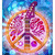 A pixelated circular icon with a central figure holding an object, surrounded by orange and pink hues against a blue background.