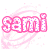 Pixelated pink text 'sami' with purple dots inside, surrounded by swirling light pink lines on white background.