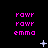 Pixelated pink text 'rawr rawr emma' repeated in a with white star and dot animations on black background