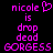 Pixelated text in bright pink on black background, with a heart symbol replacing the 'o' in 'nicole' on the left side.