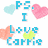 Pixelated graphic with blue text reading 'PS I Love Carrie' surrounded by four colored hearts on a white background.