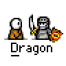 Animated contact sheet of a pixel-art dragon icon showing multiple frames with text bubbles, fire effects, and pose changes across 15 sampled frames.