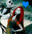 Pixelated static icon featuring a red-haired character with black eyes and mouth, blue heart symbol, and multicolored background pixels.