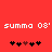 Red background with white pixelated text 'summo 08' repeated twice, below which are five black and one brown pixelated heart symbols arranged in two
