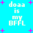 Pixelated text 'doaa is my BFFL' repeated four times on cyan background with pink starbursts, some letters slightly blurred.