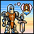 Pixel art knight in armor holding sword, standing beside heart-shaped icon with blue and brown elements, background gradient sky.
