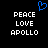 Blue pixelated heart symbol above white pixelated text reading PEACE LOVE APOLLO on black background.