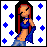 Pixel art with four quadrants: top-left shows a woman in blue crop top and jeans, top-right displays text "Its Raining Men" with raindrop symbols, bottom-left features three men in black tuxedos, bottom-right repeats the phrase in blue text
