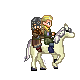 Pixel art animation of a blonde character riding a white horse, showing movement and gear changes across frames.