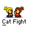 Pixel art contact sheet showing five sequential frames of a 2D animated icon featuring two cartoon characters in various fighting poses with "Cat Fight" text below each frame.