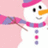 Pixelated snowman with pink hat and scarf, orange carrot nose, and three buttons, standing against pink background with text "Frosti <3".