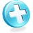 A circular light blue icon with a white plus symbol at center, rendered in pixelated style with subtle gradient shading.