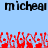 Light blue background with black text 'micheal micheal' at top and red pixelated shapes below.