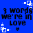 Blue background with repeated black text '3 words we're in love' and white pixelated square-and-dot symbols, arranged in a pattern
