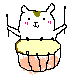 Pixelated white animal with green forehead patch and pink cheeks plays drum set, holding two black sticks in alternating positions