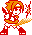 Two pixel-art characters stand side-by-side on a gray background; one with orange hair and red clothing holds an orange weapon emitting red sparks, the other has purple hair and black-and-white attire.