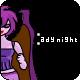Pixelated character with purple hair and brown wings stands against black background, text below changes across frames.