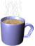 Animated sequence of a purple mug with brown liquid, steam rising from the top against white background.