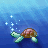 Animated pixel art of a small turtle swimming left to right across four , with changing bubble patterns above it