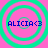 Four identical pixelated circular icons with cyan rings on pink background, each displaying blue text 'ALICIA<3' in the center.